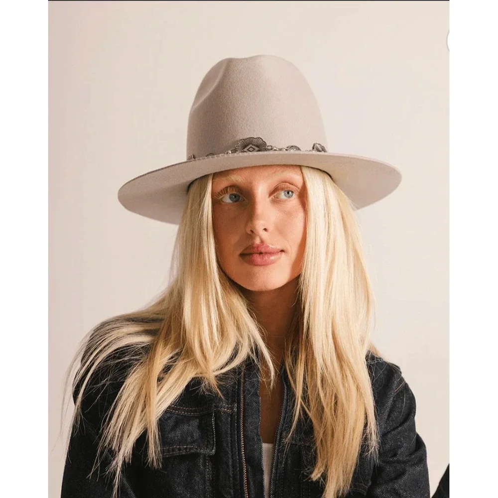 Gigi Pip Billie Tall Fedora Hat Taupe Wool Wide Brim Pinched Crown